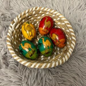 Hand Painted wooden Camel desert eggs with wicker basket